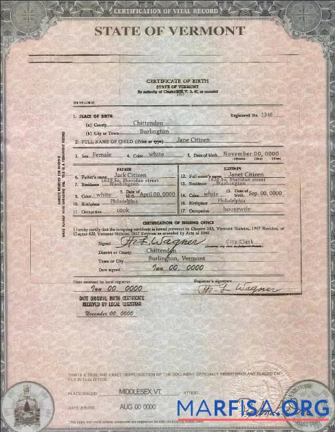 Downloadable USA Vermont state birth certificate template in PSD format